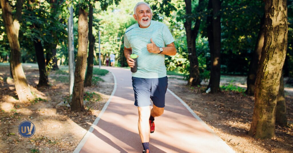 Older man running to help improve blood flow in his legs. 