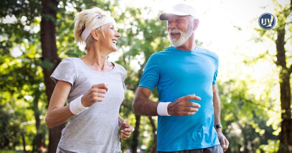 Older couple exercising to help improve blood flow in their legs