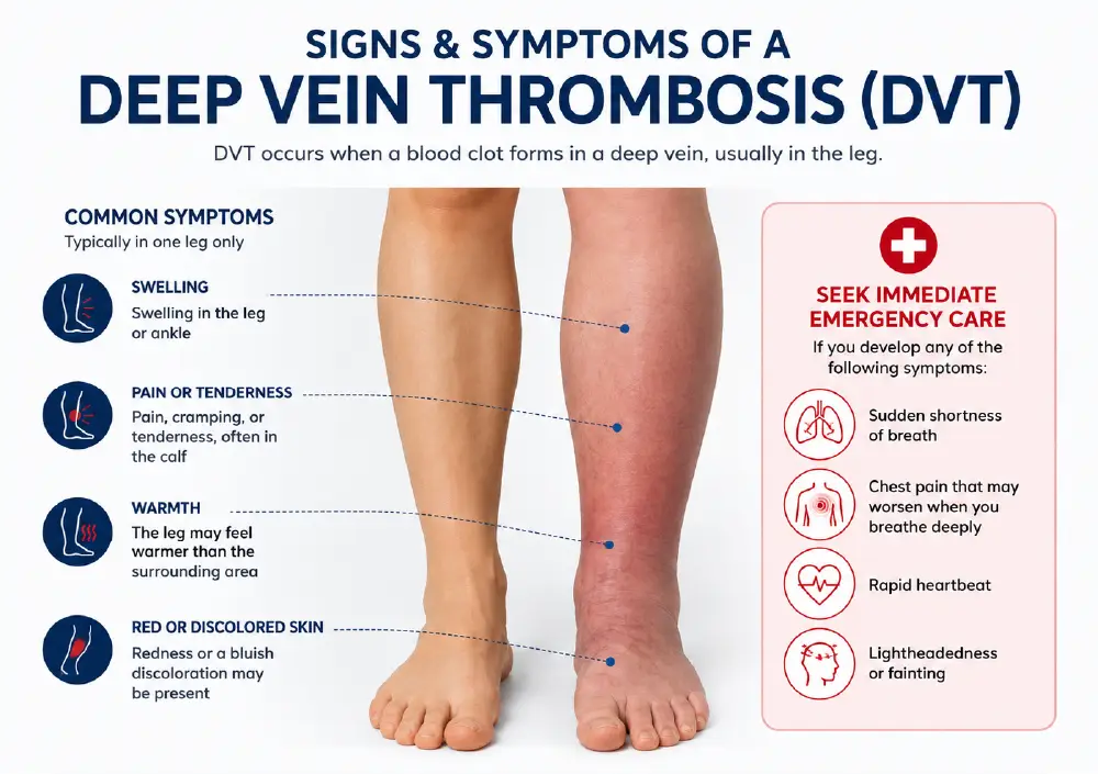 Deep vein thrombosis graphic explaining symptoms and when to seek immediate care