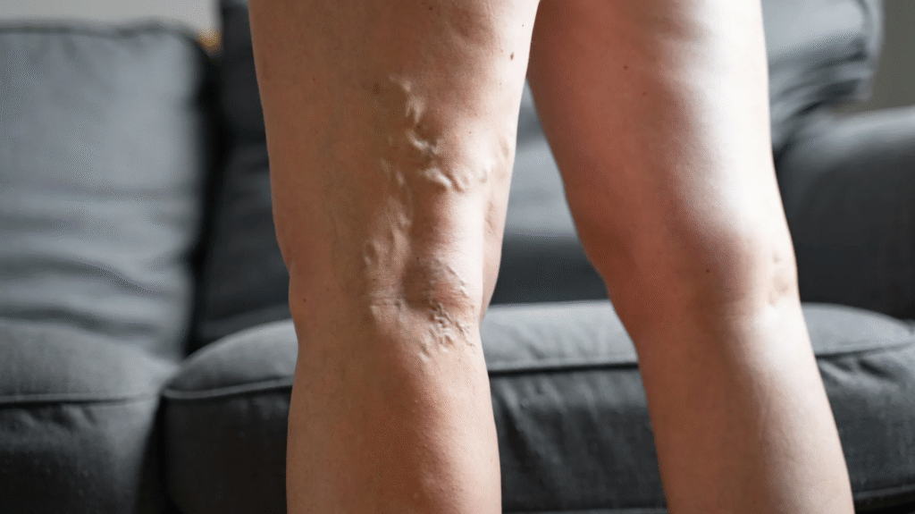 Bulging varicose veins on the back of a woman's thigh