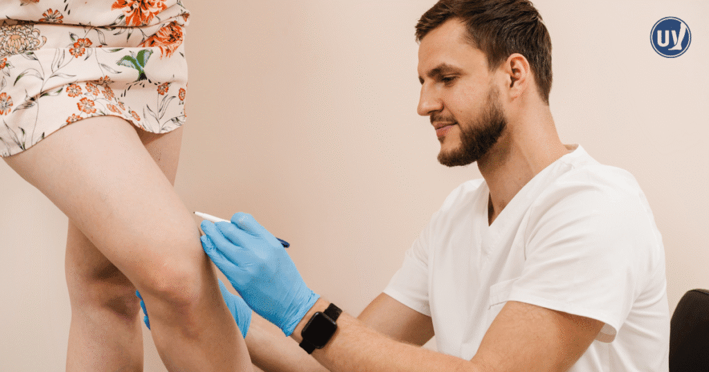 vein specialist assessing a woman's leg.
