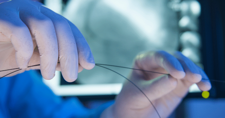 Doctor's gloved hands holding a thin catheter used during angioplasty to treat peripheral artery disease