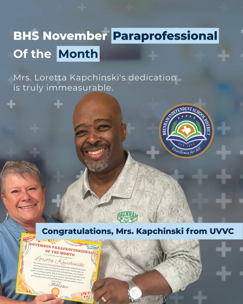 Graphic announcing a school paraprofessional of the month, featuring two smiling adults holding a certificate, with the school district logo and congratulatory text in the design.