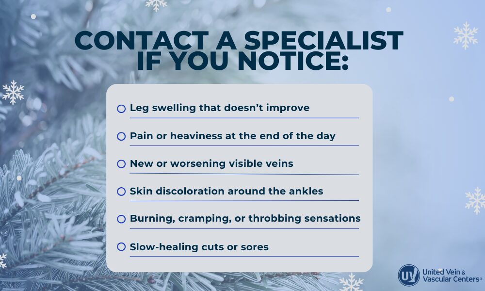 Illustration listing important symptoms that you should contact a vein specialist about
