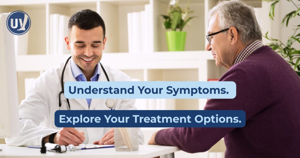 Older man experiencing PAD symptoms discussing angioplasty treatment with vascular specialist