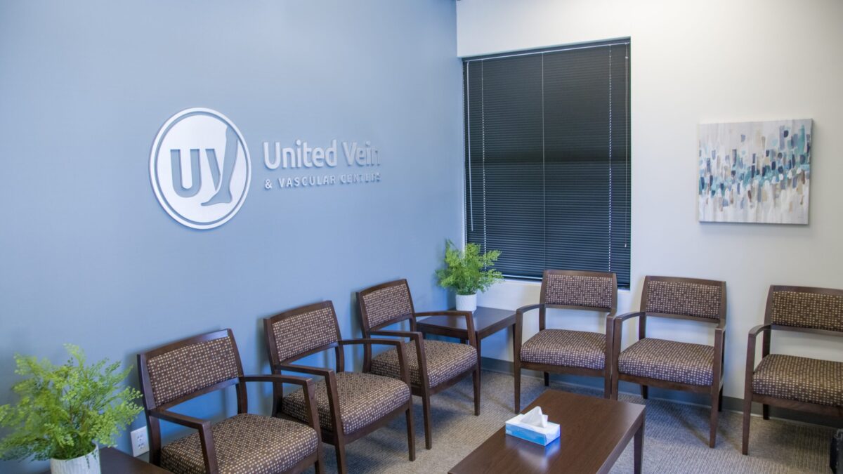 United Vein & Vascular Centers waiting room with seating and clinic signage.