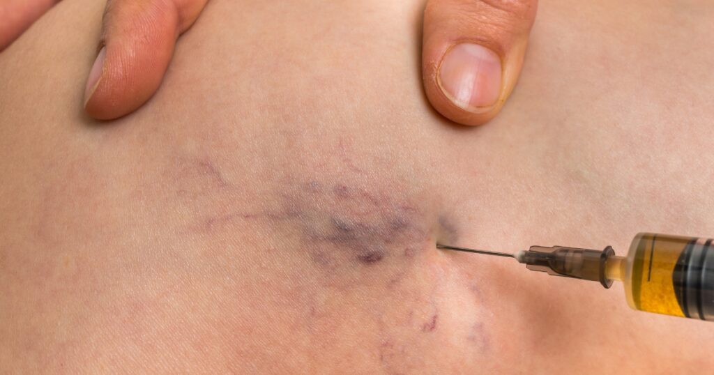 Vein specialist performing varicose vein treatment on a patient’s leg with visible dark vein patch.