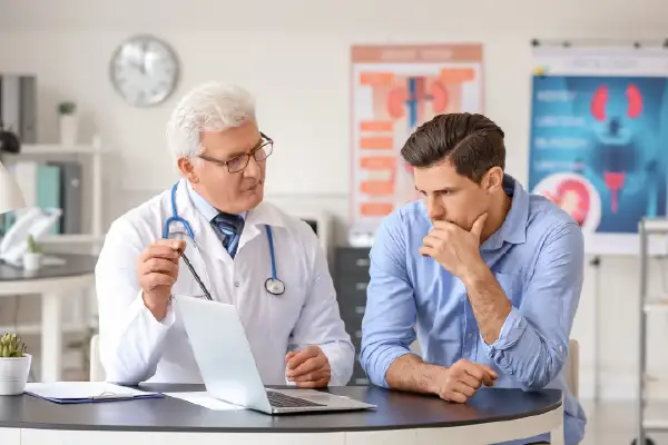 A vein doctor discussing sclerotherapy with a patient