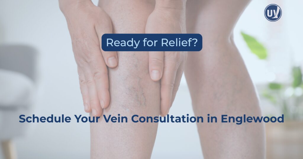 Woman holding leg with a text overlay cta Schedule Your Vein Consultation in Englewood
