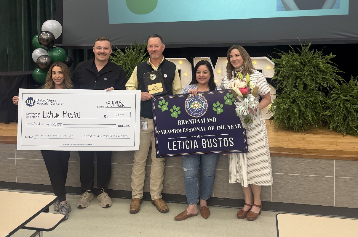 Brenham ISD District Paraprofessional of the Year Leticia Bustos recognized during an award presentation with community partners and school leaders.