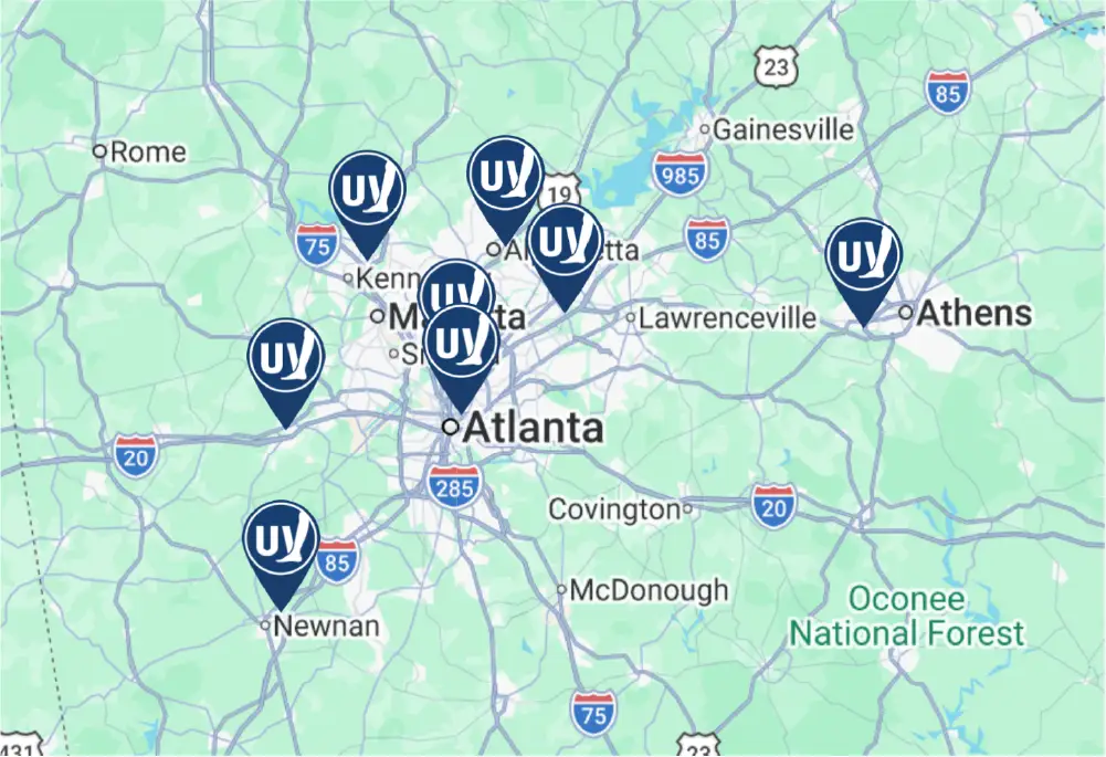 A map showing the United Vein &amp; Vascular Centers vein clinics in the Atlanta metro area.