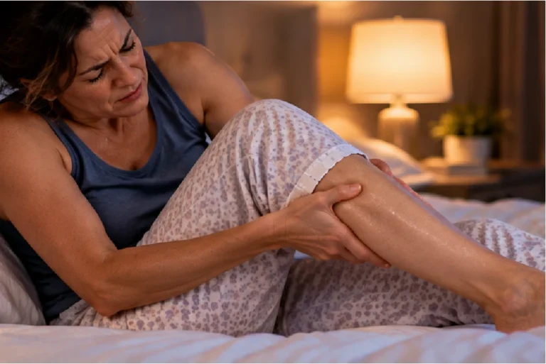 Woman having leg pain at night while laying in bed